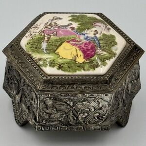 Vintage Farrington Footed Metal Hexagonal Shaped Trinket Box